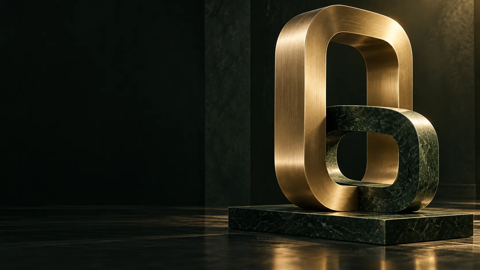 Interlocking champagne metal and forest stone sculptures in a dark architectural studio