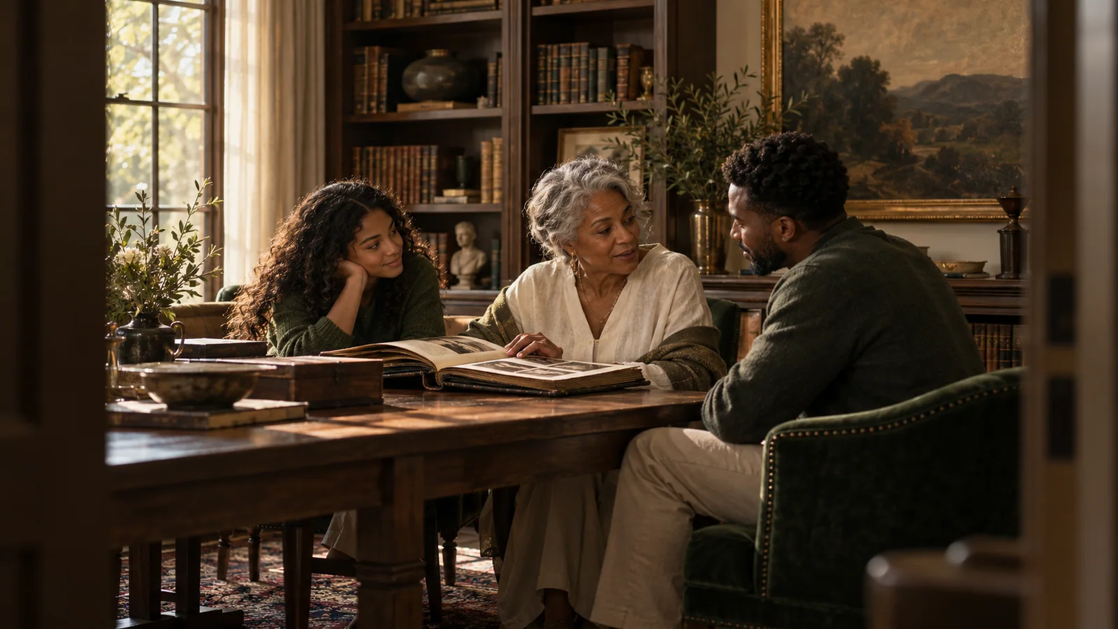 Illustrative image: a multigenerational family sharing stories over a photo album in a quiet library.