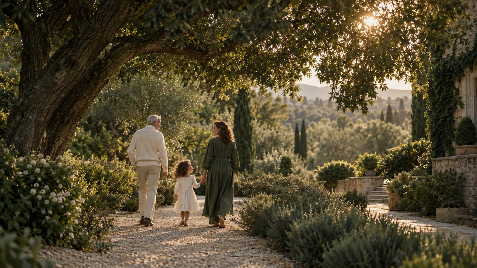 Three generations walking together beneath mature trees in warm afternoon light.
