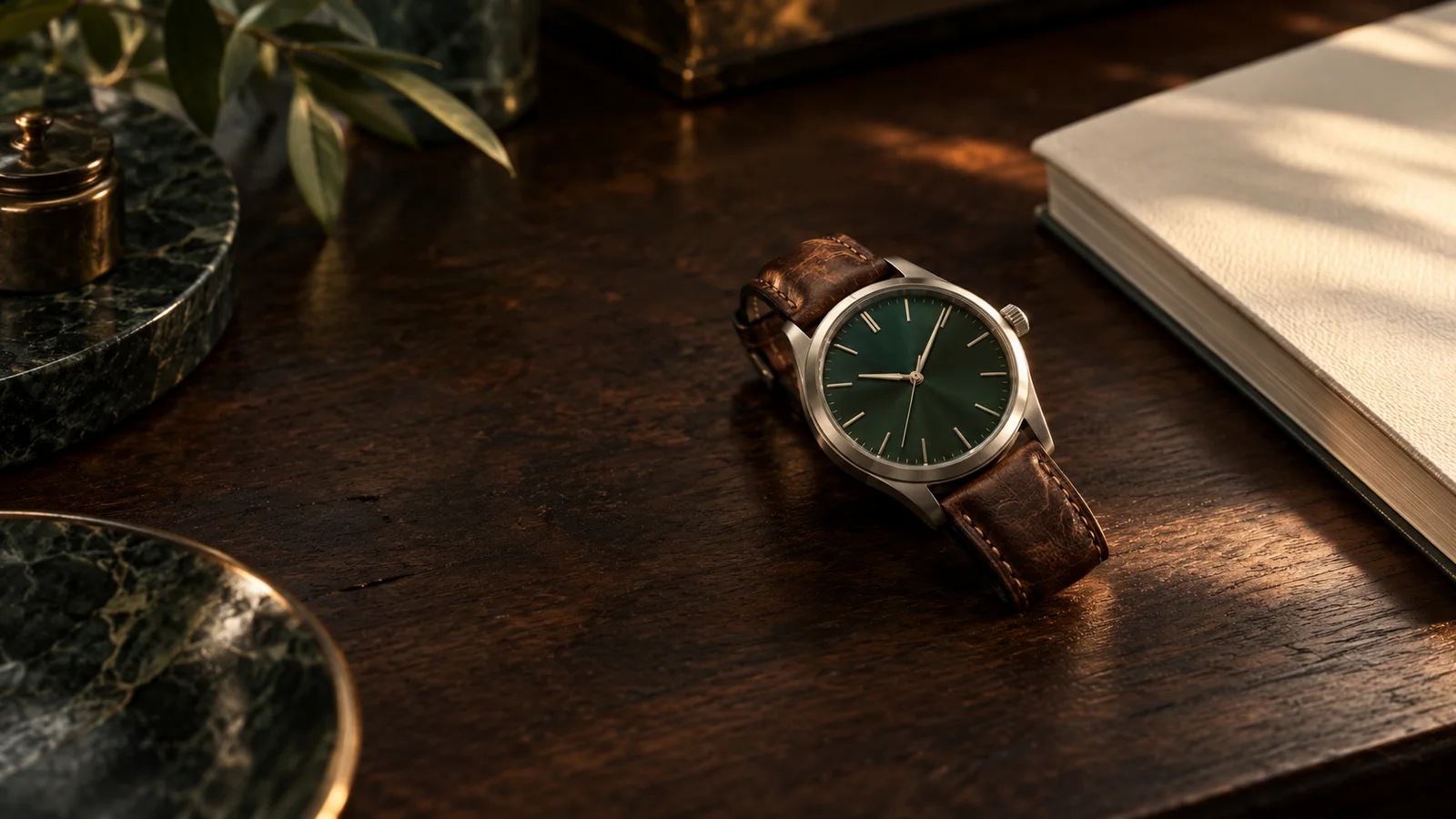 An unbranded mechanical watch with a forest-green dial resting beside a notebook on walnut.