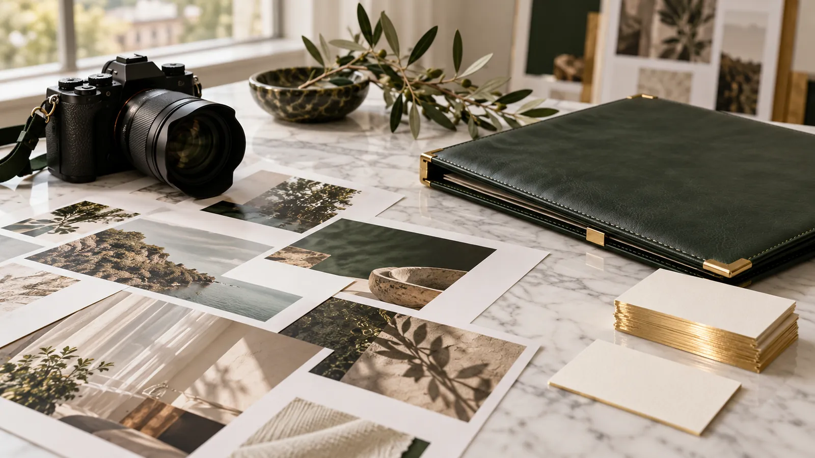 A camera, printed photo proofs, a forest-green leather portfolio and gold-edged letterpress cards on a white marble worktable.