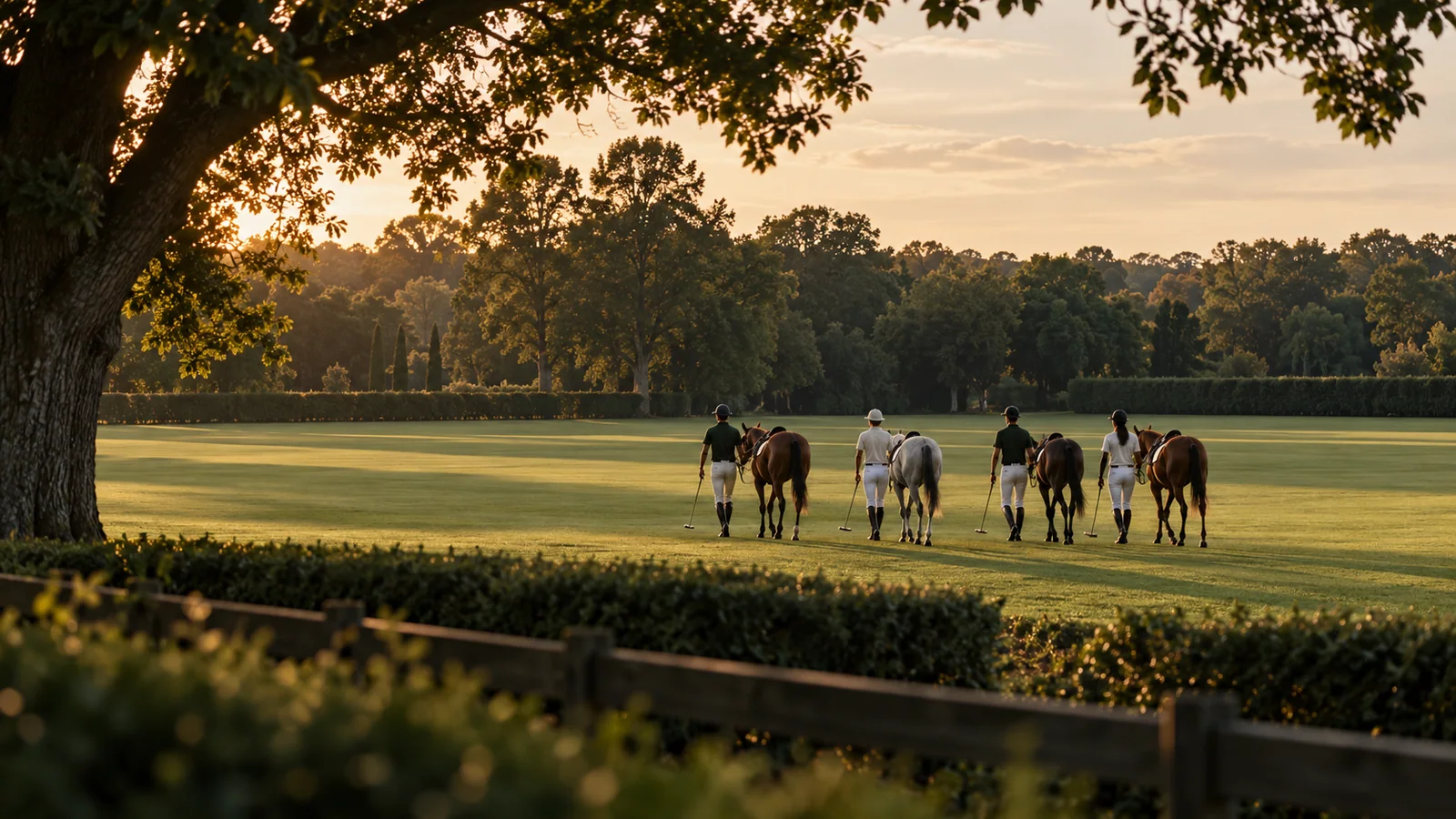 Four polo riders walking their horses together at the edge of a green field after practice.