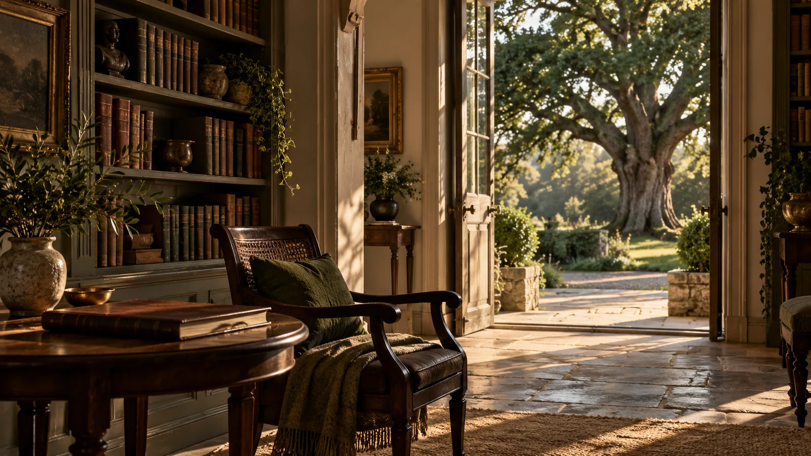 An old library passage opening onto a garden with a mature oak tree, with a leather album in the foreground.