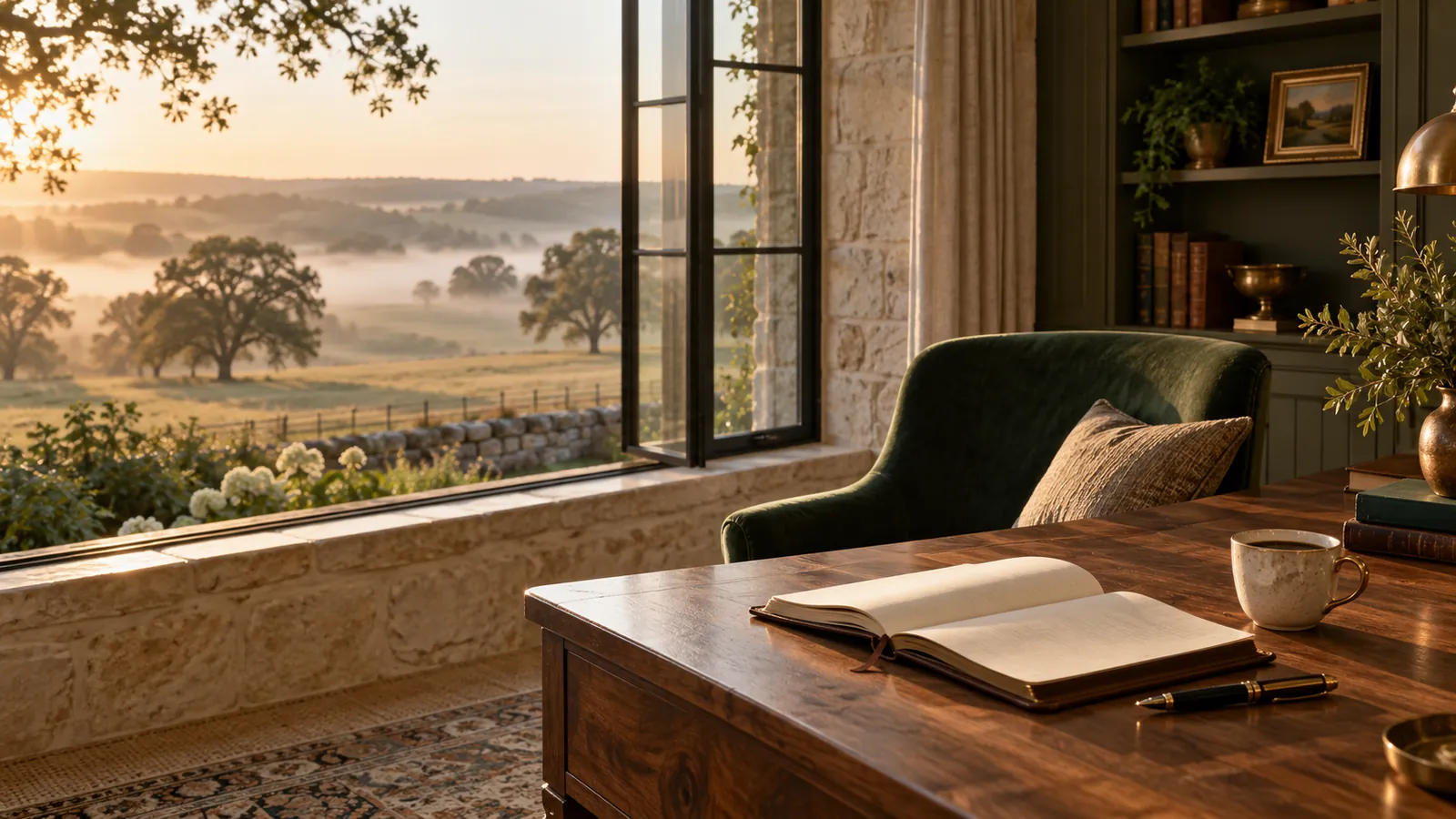 Early morning light in a quiet limestone study: an open notebook, pen and coffee on a walnut desk, with misty Missouri pasture and oak trees beyond the window.